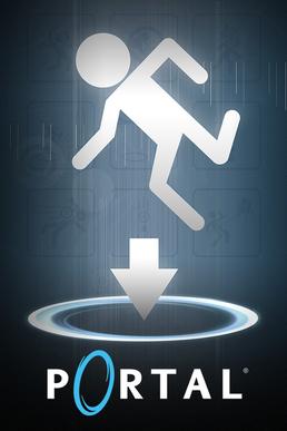 Imagen del logo del juego Portal, el cual esta representado por una personita bajando por un portal